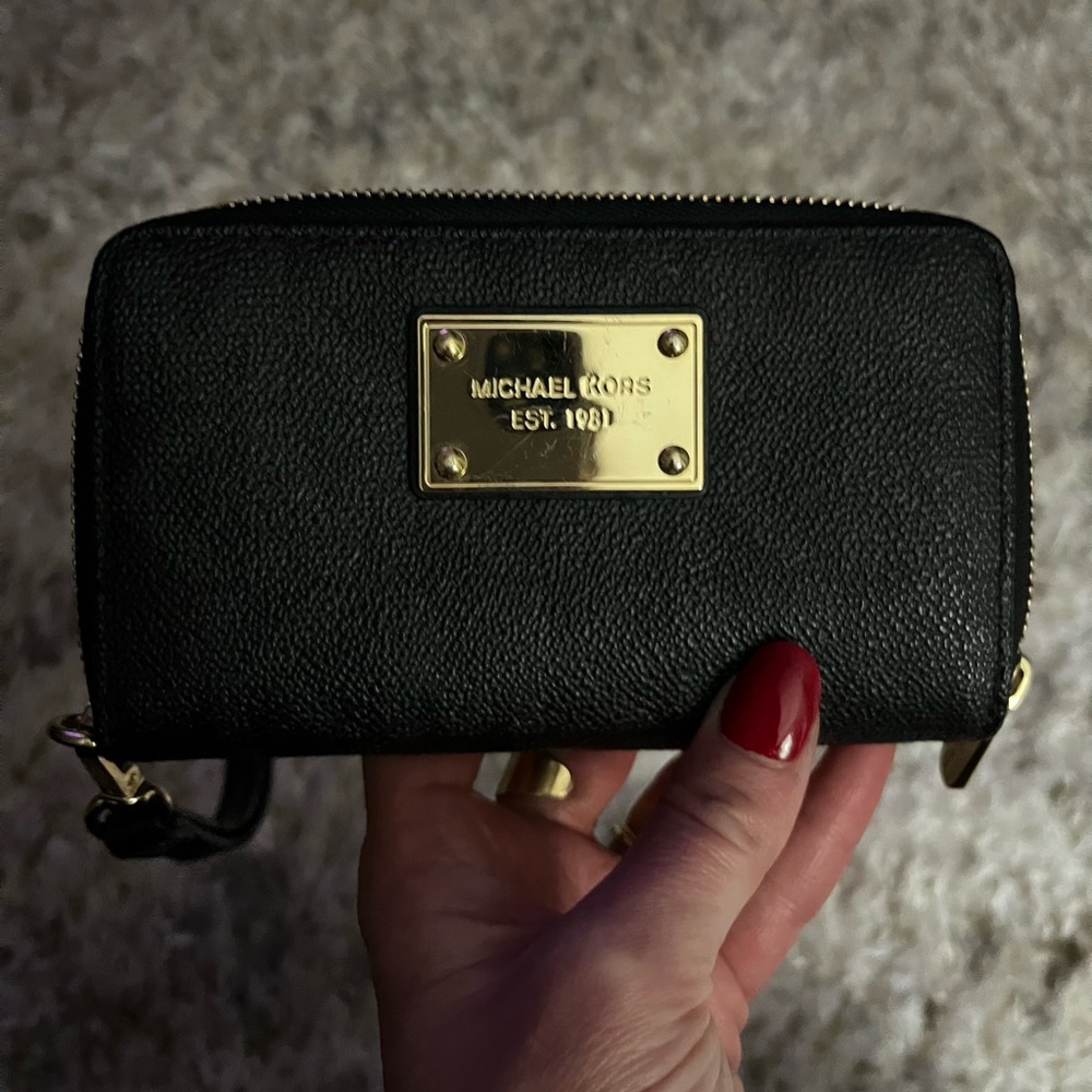 Michael Kores wristlet wallet. MK black on black print.